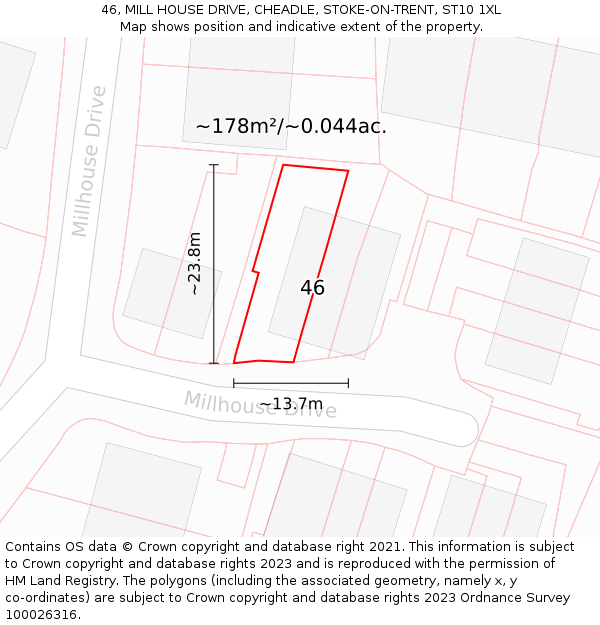 46, MILL HOUSE DRIVE, CHEADLE, STOKE-ON-TRENT, ST10 1XL: Plot and title map