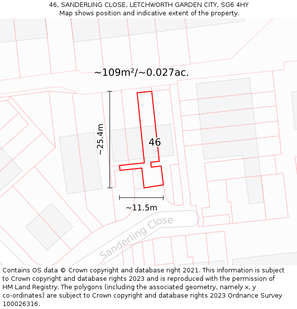 46, SANDERLING CLOSE, LETCHWORTH GARDEN CITY, SG6 4HY: Plot and title map