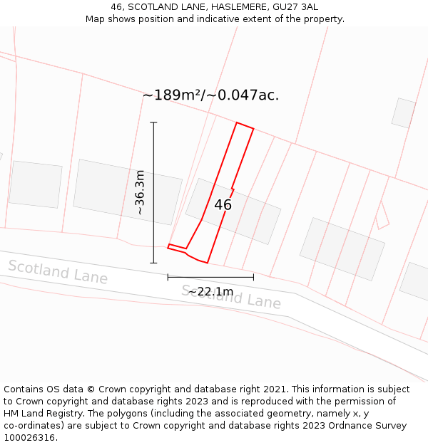 46, SCOTLAND LANE, HASLEMERE, GU27 3AL: Plot and title map