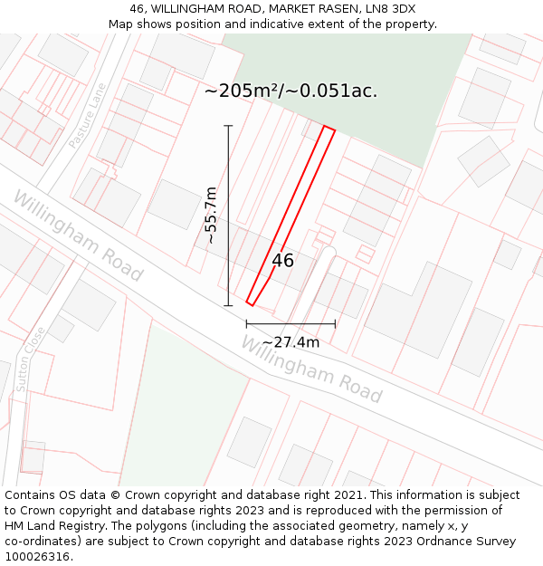 46, WILLINGHAM ROAD, MARKET RASEN, LN8 3DX: Plot and title map