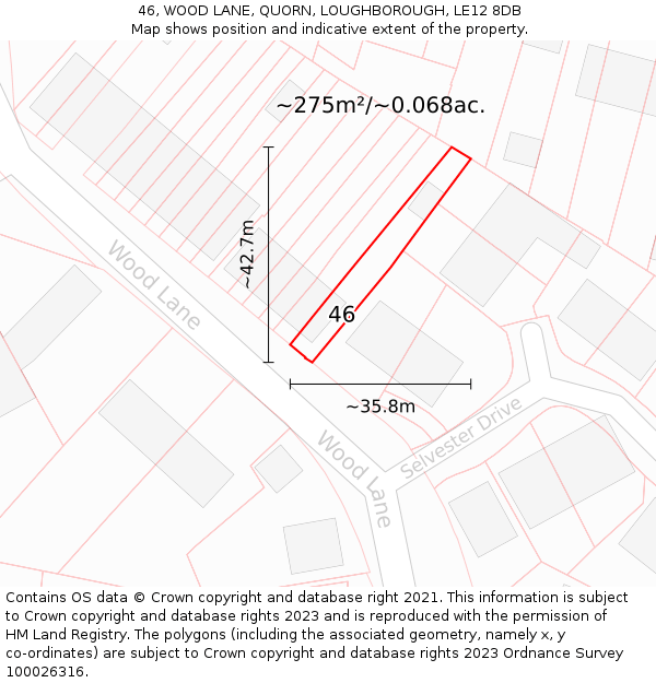 46, WOOD LANE, QUORN, LOUGHBOROUGH, LE12 8DB: Plot and title map