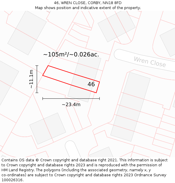 46, WREN CLOSE, CORBY, NN18 8FD: Plot and title map
