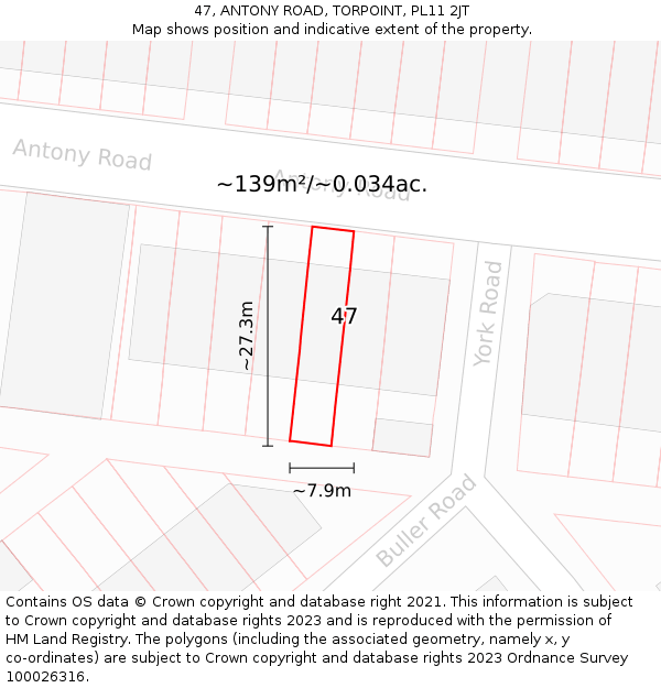 47, ANTONY ROAD, TORPOINT, PL11 2JT: Plot and title map