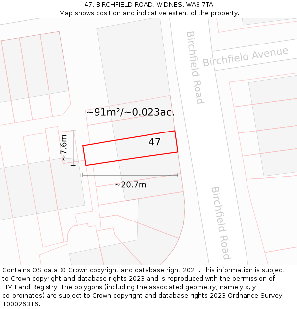 47, BIRCHFIELD ROAD, WIDNES, WA8 7TA: Plot and title map