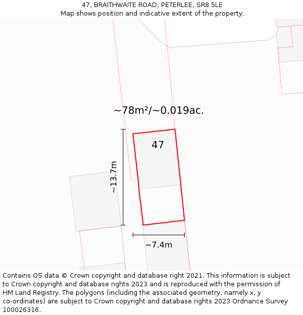47, BRAITHWAITE ROAD, PETERLEE, SR8 5LE: Plot and title map