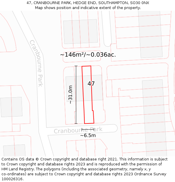 47, CRANBOURNE PARK, HEDGE END, SOUTHAMPTON, SO30 0NX: Plot and title map