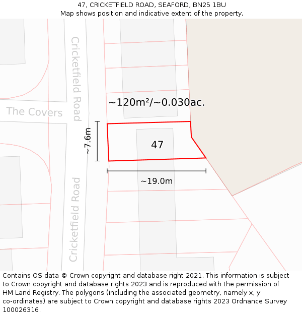 47, CRICKETFIELD ROAD, SEAFORD, BN25 1BU: Plot and title map