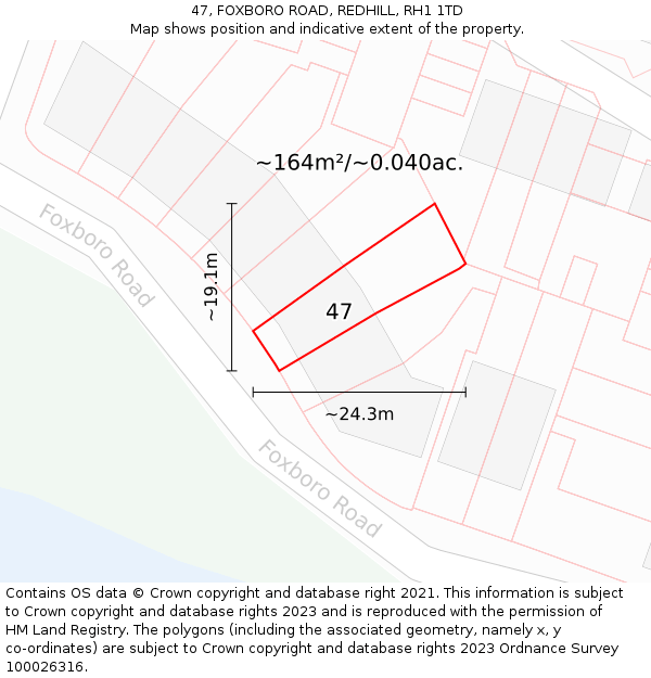 47, FOXBORO ROAD, REDHILL, RH1 1TD: Plot and title map
