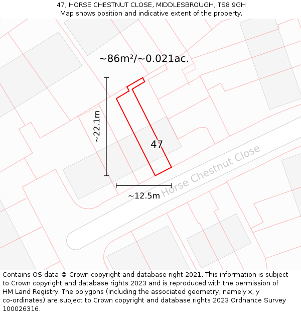 47, HORSE CHESTNUT CLOSE, MIDDLESBROUGH, TS8 9GH: Plot and title map