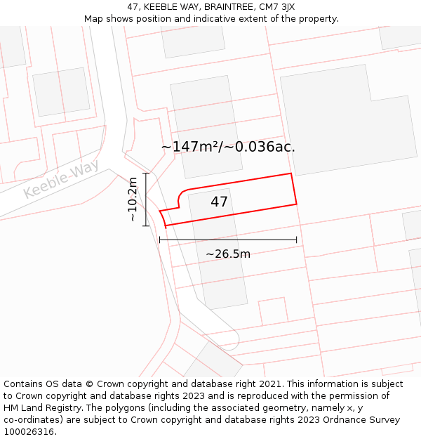 47, KEEBLE WAY, BRAINTREE, CM7 3JX: Plot and title map