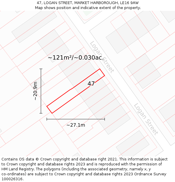 47, LOGAN STREET, MARKET HARBOROUGH, LE16 9AW: Plot and title map