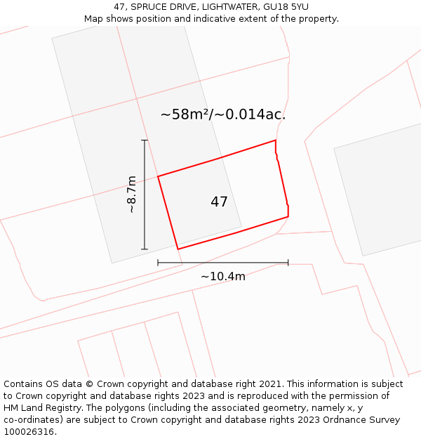 47, SPRUCE DRIVE, LIGHTWATER, GU18 5YU: Plot and title map