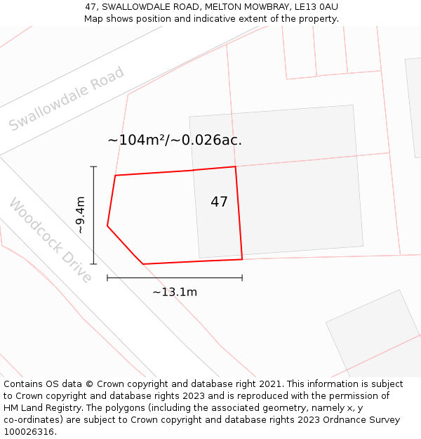 47, SWALLOWDALE ROAD, MELTON MOWBRAY, LE13 0AU: Plot and title map