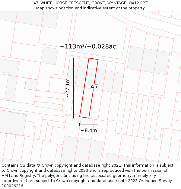 47, WHITE HORSE CRESCENT, GROVE, WANTAGE, OX12 0PZ: Plot and title map