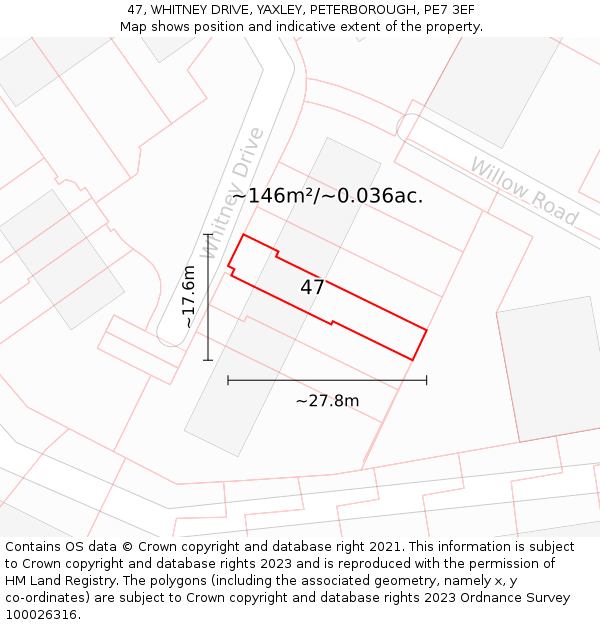 47, WHITNEY DRIVE, YAXLEY, PETERBOROUGH, PE7 3EF: Plot and title map