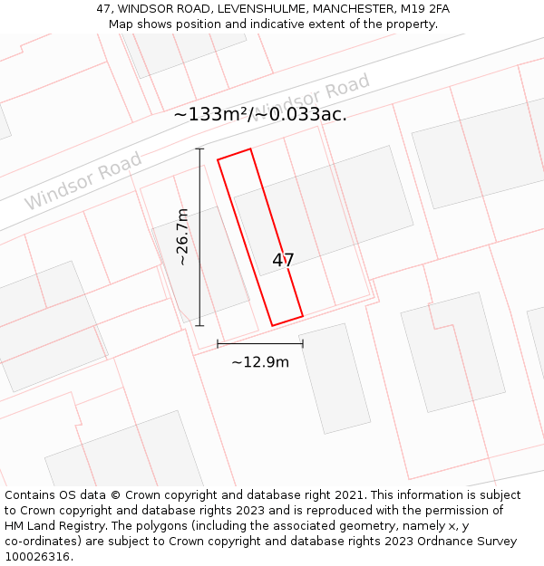 47, WINDSOR ROAD, LEVENSHULME, MANCHESTER, M19 2FA: Plot and title map