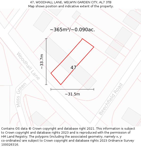 47, WOODHALL LANE, WELWYN GARDEN CITY, AL7 3TB: Plot and title map