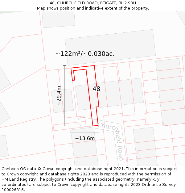 48, CHURCHFIELD ROAD, REIGATE, RH2 9RH: Plot and title map