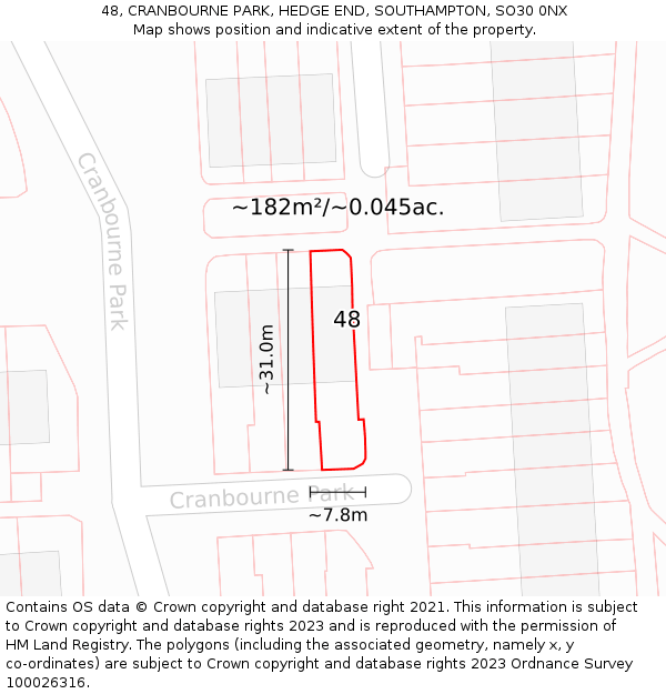 48, CRANBOURNE PARK, HEDGE END, SOUTHAMPTON, SO30 0NX: Plot and title map