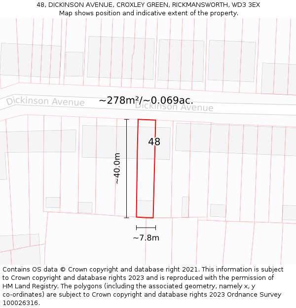 48, DICKINSON AVENUE, CROXLEY GREEN, RICKMANSWORTH, WD3 3EX: Plot and title map