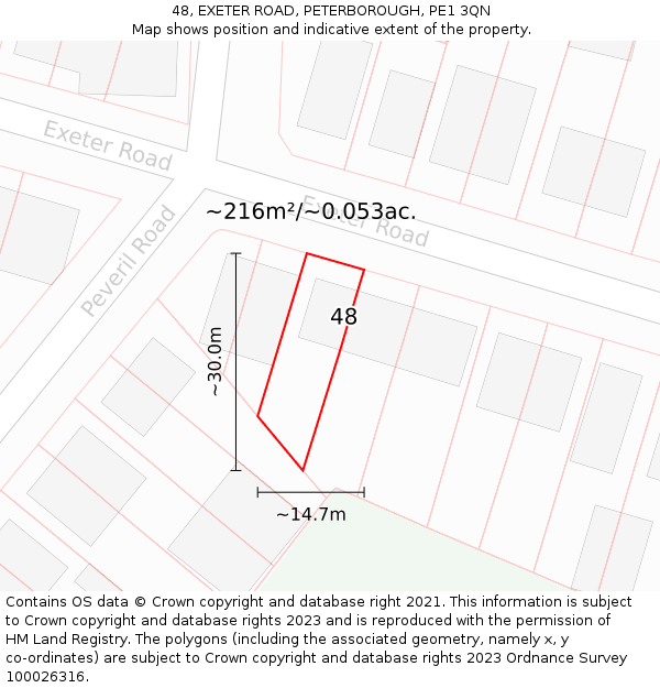 48, EXETER ROAD, PETERBOROUGH, PE1 3QN: Plot and title map
