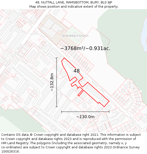 48, NUTTALL LANE, RAMSBOTTOM, BURY, BL0 9JP: Plot and title map