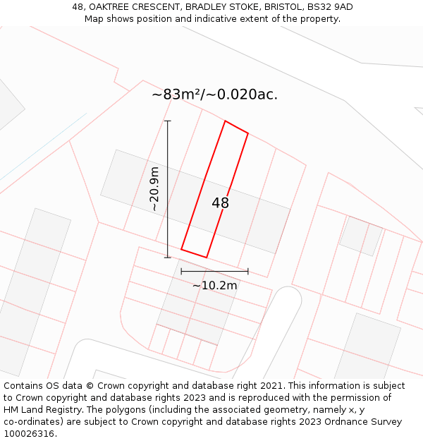 48, OAKTREE CRESCENT, BRADLEY STOKE, BRISTOL, BS32 9AD: Plot and title map