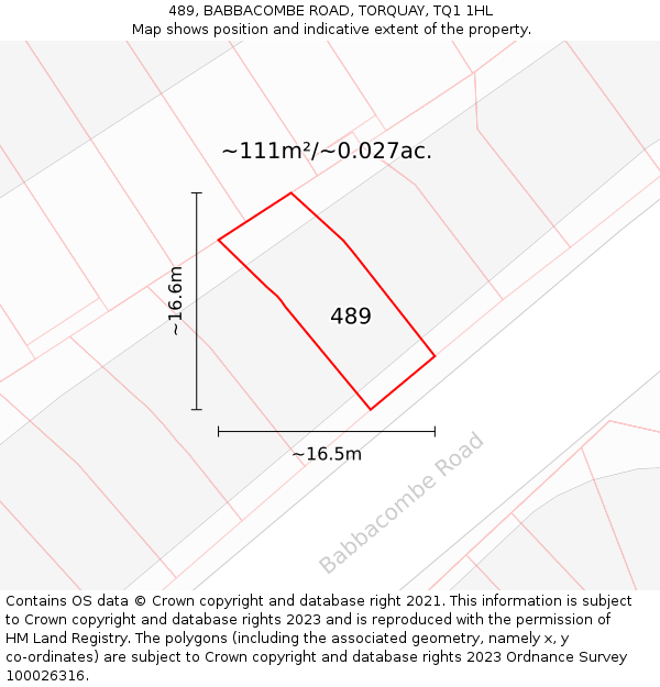 489, BABBACOMBE ROAD, TORQUAY, TQ1 1HL: Plot and title map