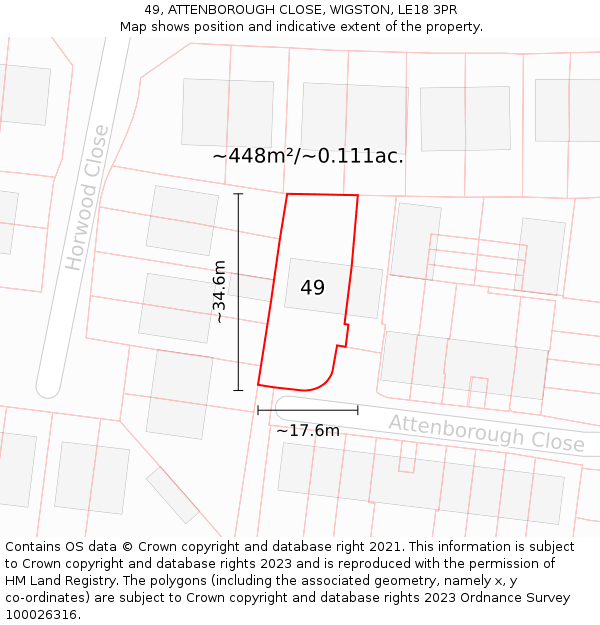49, ATTENBOROUGH CLOSE, WIGSTON, LE18 3PR: Plot and title map