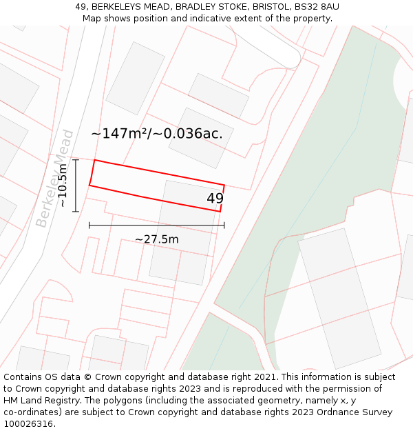 49, BERKELEYS MEAD, BRADLEY STOKE, BRISTOL, BS32 8AU: Plot and title map