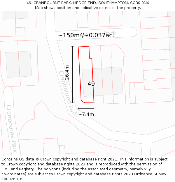 49, CRANBOURNE PARK, HEDGE END, SOUTHAMPTON, SO30 0NX: Plot and title map