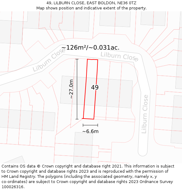 49, LILBURN CLOSE, EAST BOLDON, NE36 0TZ: Plot and title map