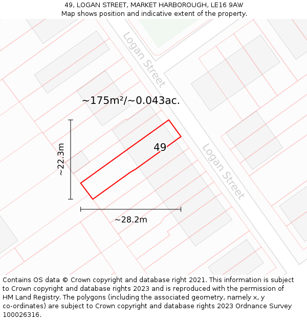 49, LOGAN STREET, MARKET HARBOROUGH, LE16 9AW: Plot and title map