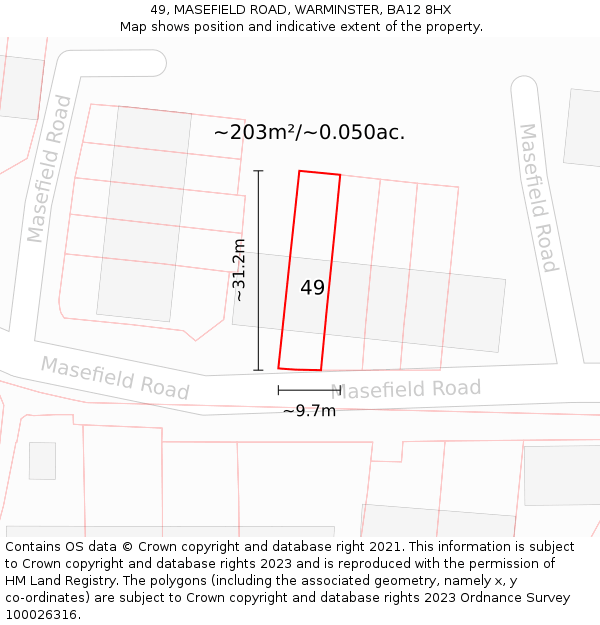 49, MASEFIELD ROAD, WARMINSTER, BA12 8HX: Plot and title map