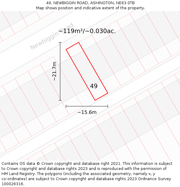 49, NEWBIGGIN ROAD, ASHINGTON, NE63 0TB: Plot and title map