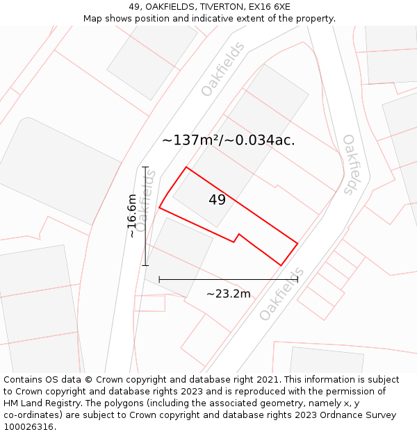 49, OAKFIELDS, TIVERTON, EX16 6XE: Plot and title map
