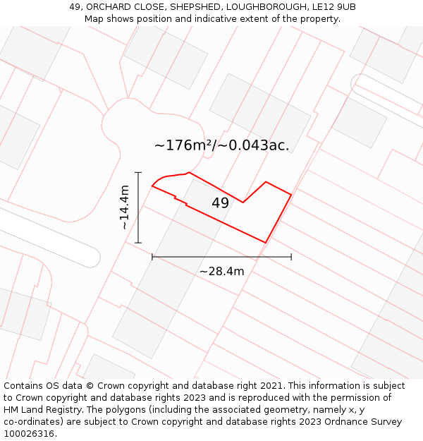 49, ORCHARD CLOSE, SHEPSHED, LOUGHBOROUGH, LE12 9UB: Plot and title map