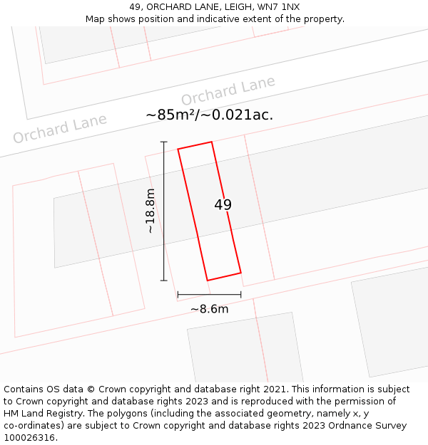 49, ORCHARD LANE, LEIGH, WN7 1NX: Plot and title map