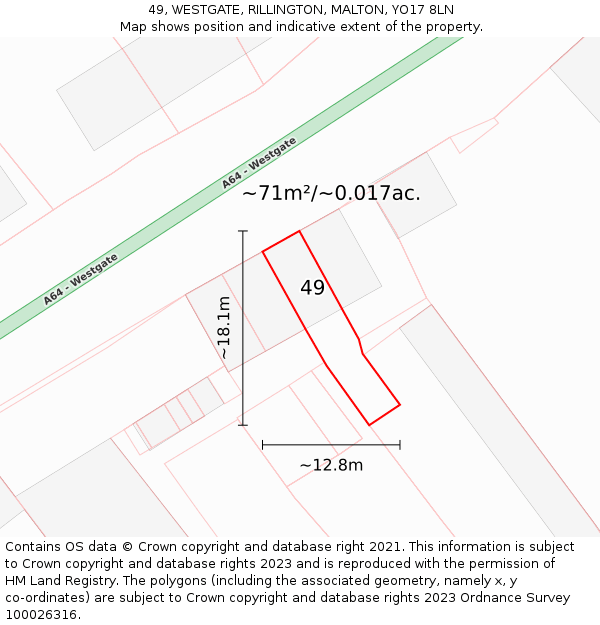 49, WESTGATE, RILLINGTON, MALTON, YO17 8LN: Plot and title map