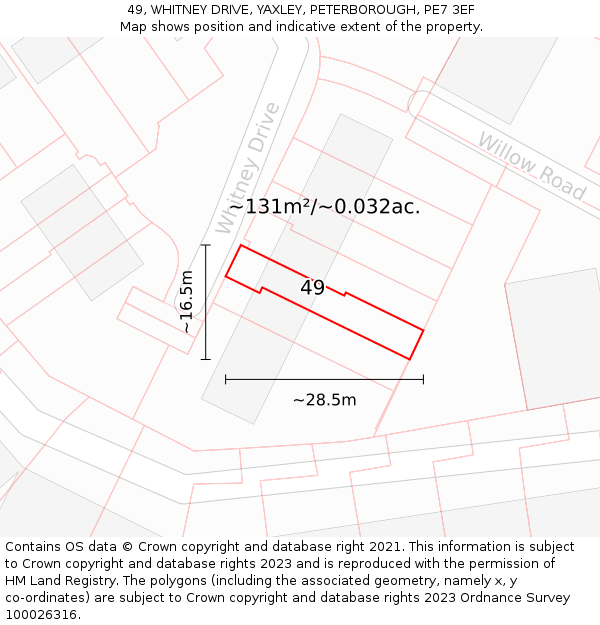 49, WHITNEY DRIVE, YAXLEY, PETERBOROUGH, PE7 3EF: Plot and title map