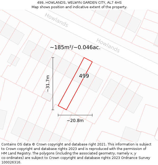 499, HOWLANDS, WELWYN GARDEN CITY, AL7 4HS: Plot and title map
