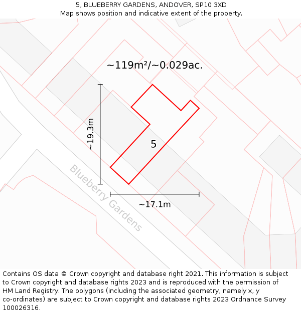 5, BLUEBERRY GARDENS, ANDOVER, SP10 3XD: Plot and title map