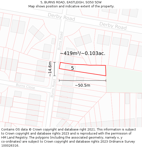 5, BURNS ROAD, EASTLEIGH, SO50 5DW: Plot and title map