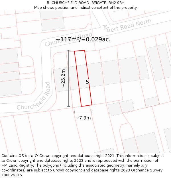 5, CHURCHFIELD ROAD, REIGATE, RH2 9RH: Plot and title map