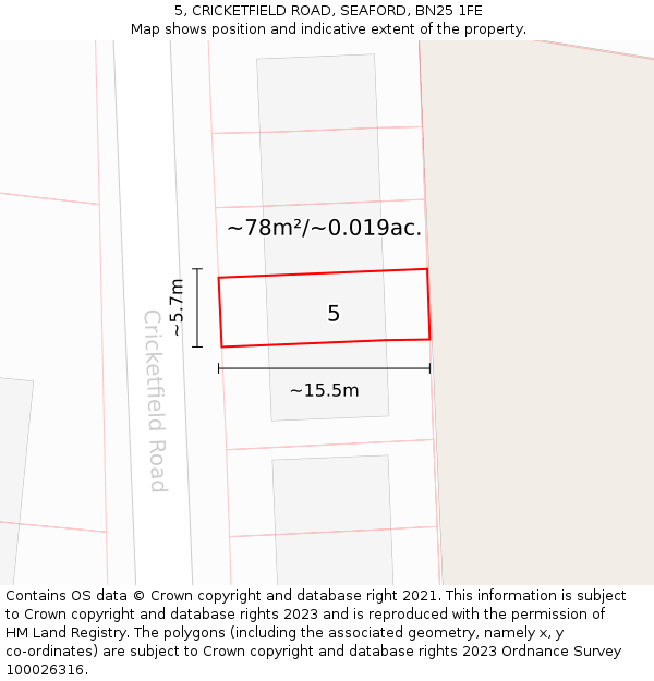 5, CRICKETFIELD ROAD, SEAFORD, BN25 1FE: Plot and title map