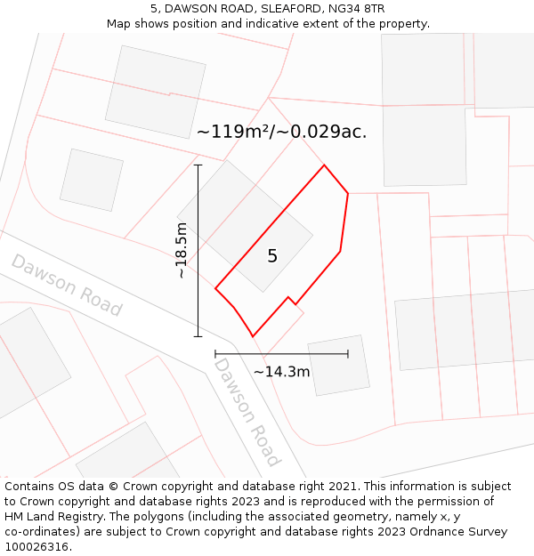 5, DAWSON ROAD, SLEAFORD, NG34 8TR: Plot and title map