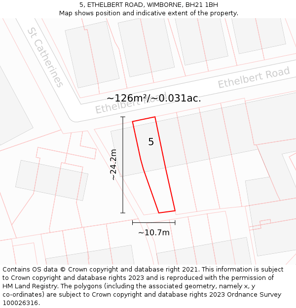 5, ETHELBERT ROAD, WIMBORNE, BH21 1BH: Plot and title map