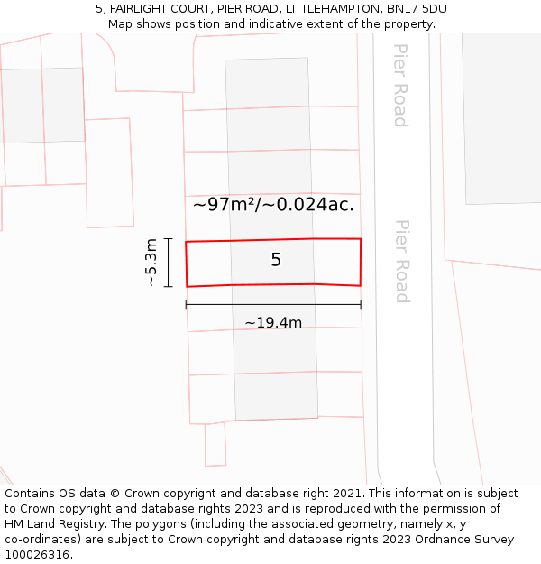 5, FAIRLIGHT COURT, PIER ROAD, LITTLEHAMPTON, BN17 5DU: Plot and title map