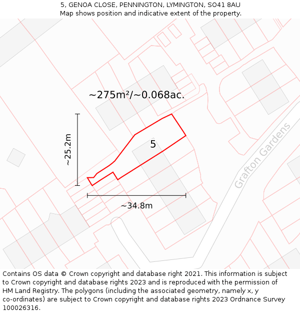 5, GENOA CLOSE, PENNINGTON, LYMINGTON, SO41 8AU: Plot and title map