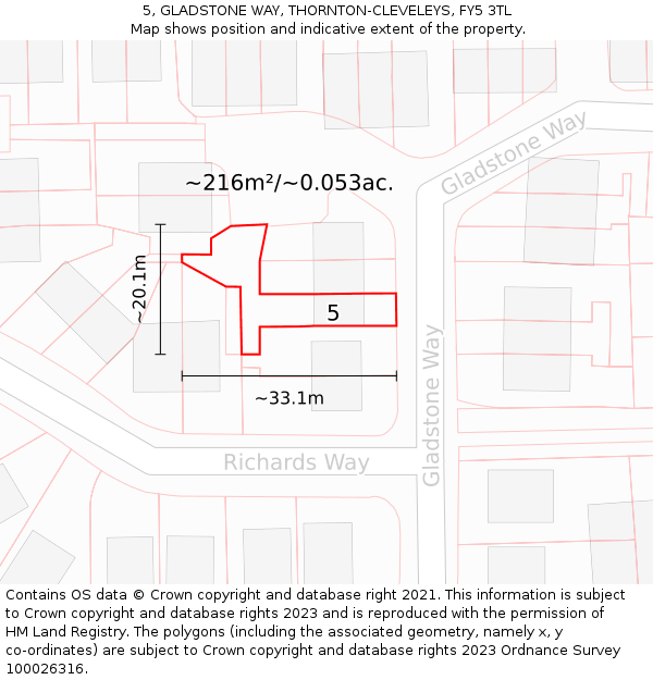 5, GLADSTONE WAY, THORNTON-CLEVELEYS, FY5 3TL: Plot and title map